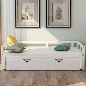 Okak Twin Size Extending Design Daybed with Trundle/Drawers & Safety Rails,Solid Wood Platform Bed Frame for Teens,Adults - 1 of 4