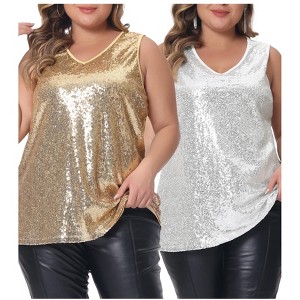Agnes Orinda Women's Plus Size V Neck Sleeveless Front Sparkle Glitter Sequin Packs Tank Tops - 1 of 4