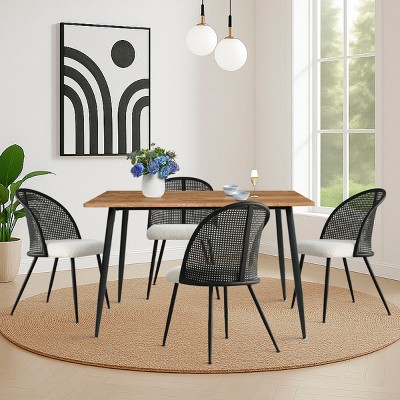 5 Piece Dining Set with MDF Wood Table and Bouclé Upholstered Chairs Featuring Cane Back Design for Small Spaces or Apartments-Maison Boucle