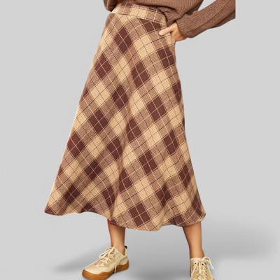 Anna-Kaci Women's Plaid A-Line Midi Skirt with High Waist