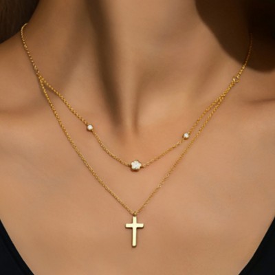 Clotth Eight-Pointed Star Moon Cross 925 Sterling Silver Necklaces For Women Pearl Double layer Necklaces Gift Jewelry Fashion Accessories Creative