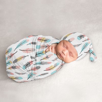 Image of Sweet Jojo Designs Girl Baby Cocoon and Beanie Hat Swaddle Wrap Feather Coral, Turquoise and Grey 2pc