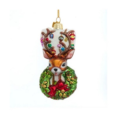 Kurt Adler Noble Gems Glass Ornament for Christmas Tree, Traditional Deer with Wreath