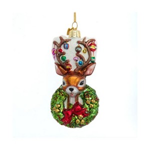 Kurt Adler Noble Gems Glass Ornament for Christmas Tree, Traditional Deer with Wreath - 1 of 2