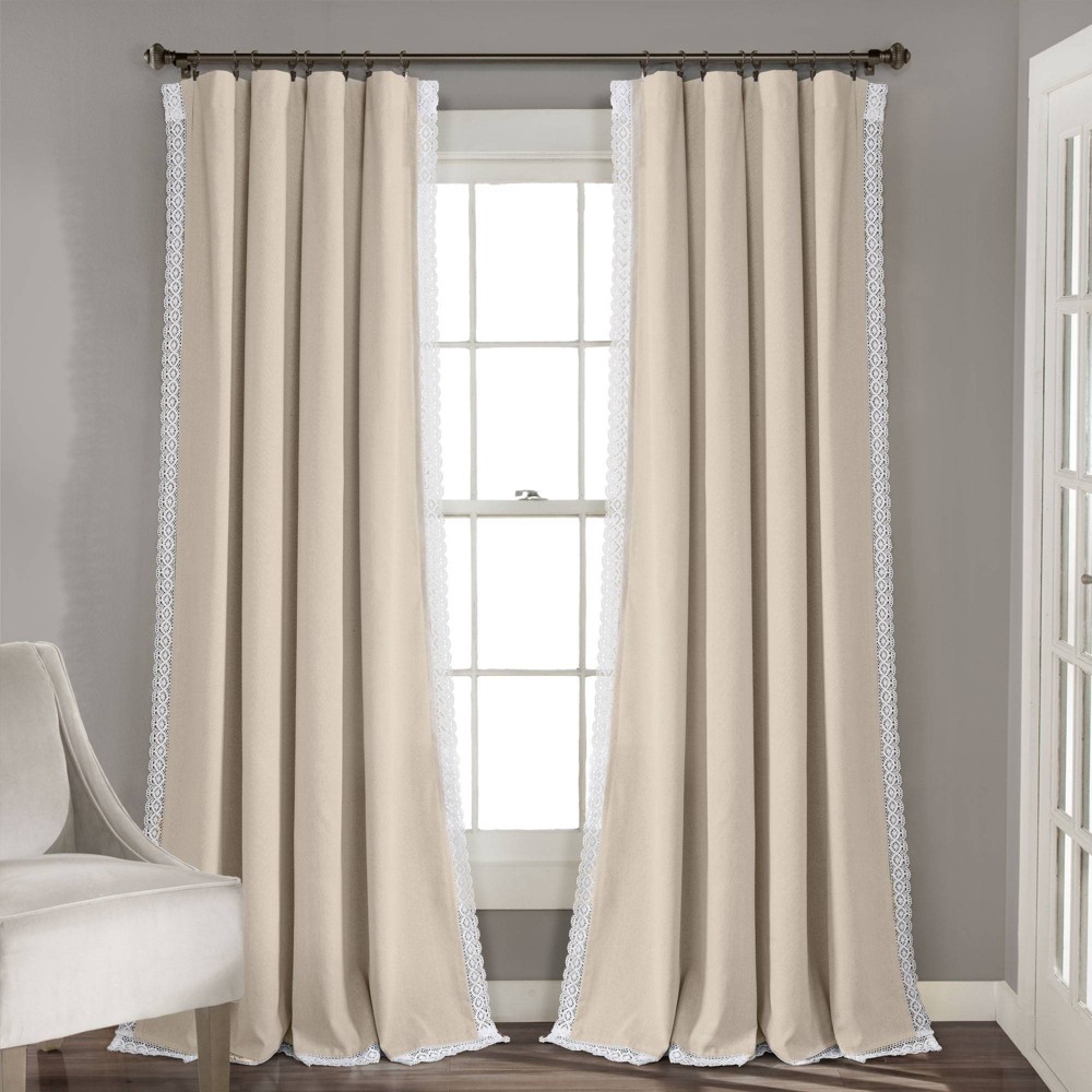 Photos - Curtain Rod / Track Set of 2  Rosalie Window Curtain Panels Beige - Lush Décor: Vintage Farmhouse Style, Light Filtering, Rod Pocket(84"x54")