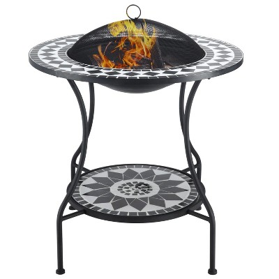 30" Outdoor Fire Pit Dining Table, 3-in-1 Round Wood Burning Fire Pit Bowl, Patio Ice Bucket with Storage Shelf