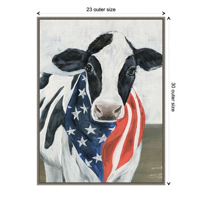 Patriotic Cow with American Flag Canvas Framed Wall Art