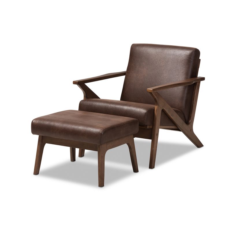 Bianca Mid Century Modern Walnut Wood Distressed Faux Leather Lounge Chair and Ottoman Set Dark Brown - Baxton Studio, 1 of 10