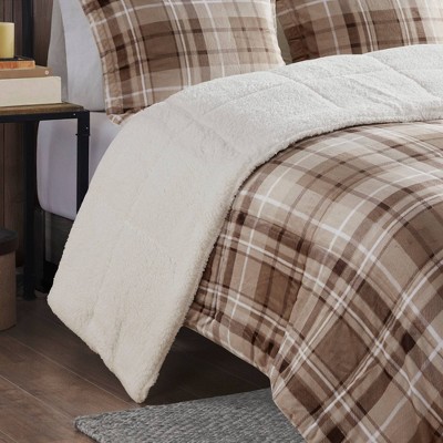 Queen Tan Plaid Down Alternative Comforter Set with Shams
