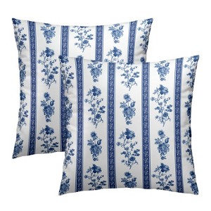 Chinoiserie Floral Pillow Covers 18x18 Inch Neutral Floral Blue Striped - 1 of 3