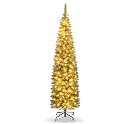 Tangkula 5/6/7/8/9FT Artificial Christmas Tree Pre-lit Pencil Xmas Tree with 296/390/499/591/699 Branch Tips 150/180/200/300/400 Warm White LED Lights
