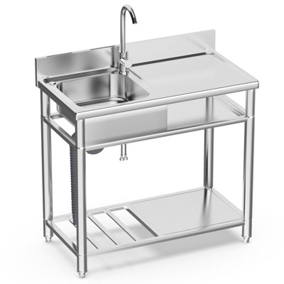 Huxxion Stainless Steel Utility Sink, Free Standing Single Bowl Kitchen Sink with Cold and Hot Water Pipe, Outdoor Basin Station with Cabinet