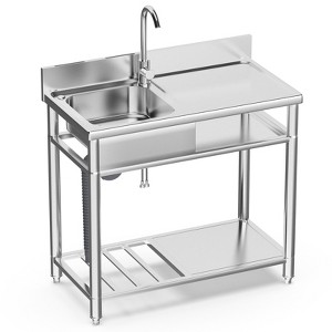 Huxxion Stainless Steel Utility Sink, Free Standing Single Bowl Kitchen Sink with Cold and Hot Water Pipe, Outdoor Basin Station with Cabinet - 1 of 4