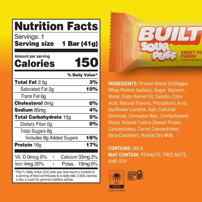 Built Bar Puff Sweet Peach Punch Sour Puff Protein Bar -  16g Protein - 1.45oz