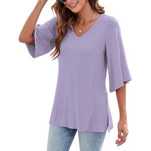 Clearlove Women's Blouse Tops Bell Sleeve Top 3/4 Sleeve V Neck Shirt Loose Casual Tops for Women - 1 of 1