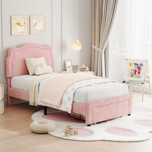 Bear-Shaped Twin Bed Frame for Kids, Velvet Upholstered Platform Bed with LED Light & Adjustable Height Headboard, No Box Spring Needed & Noise Free - 1 of 4