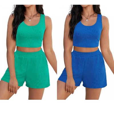 ATHLECHIC Women's Ribbed Knit Crop Tank Tops Short Sets with Pockets Travel Outfits 2 Pcs