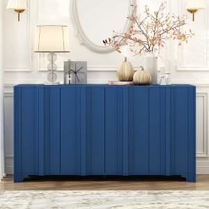 4-Door Sideboard with Layered Linear Design, Premium Pine Veneer, Triangular Legs & Middle Support, Stylish Storage for Living Room - 1 of 4