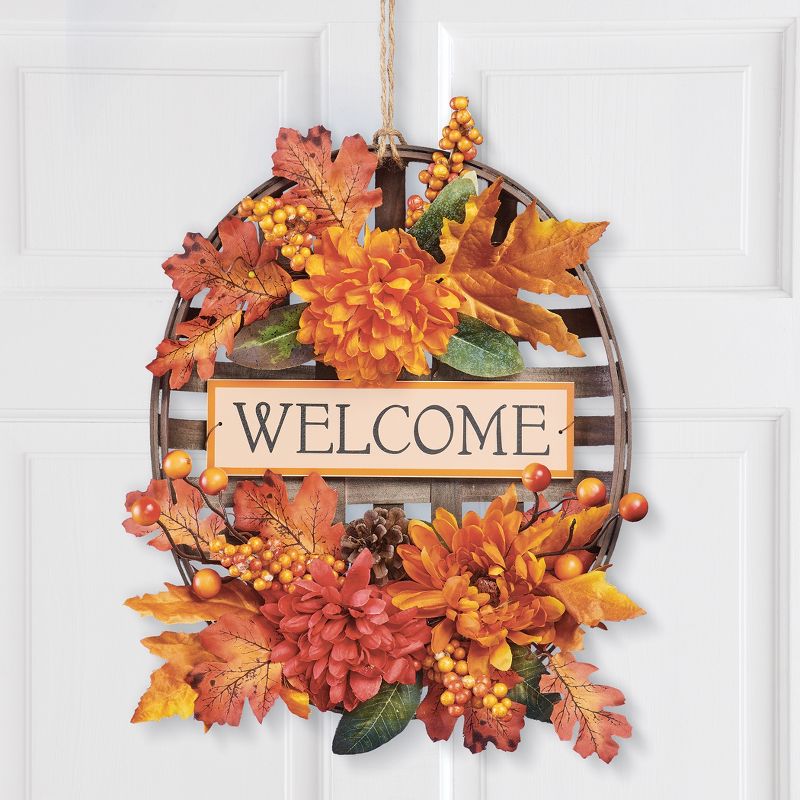 Collections Etc Autumn Floral Welcome Wooden Basket Wall Décor 13" x 3.5" x 16", 2 of 3