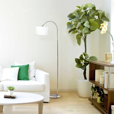 66" Brushed Nickel Arc Floor Lamp with White Fabric Shade