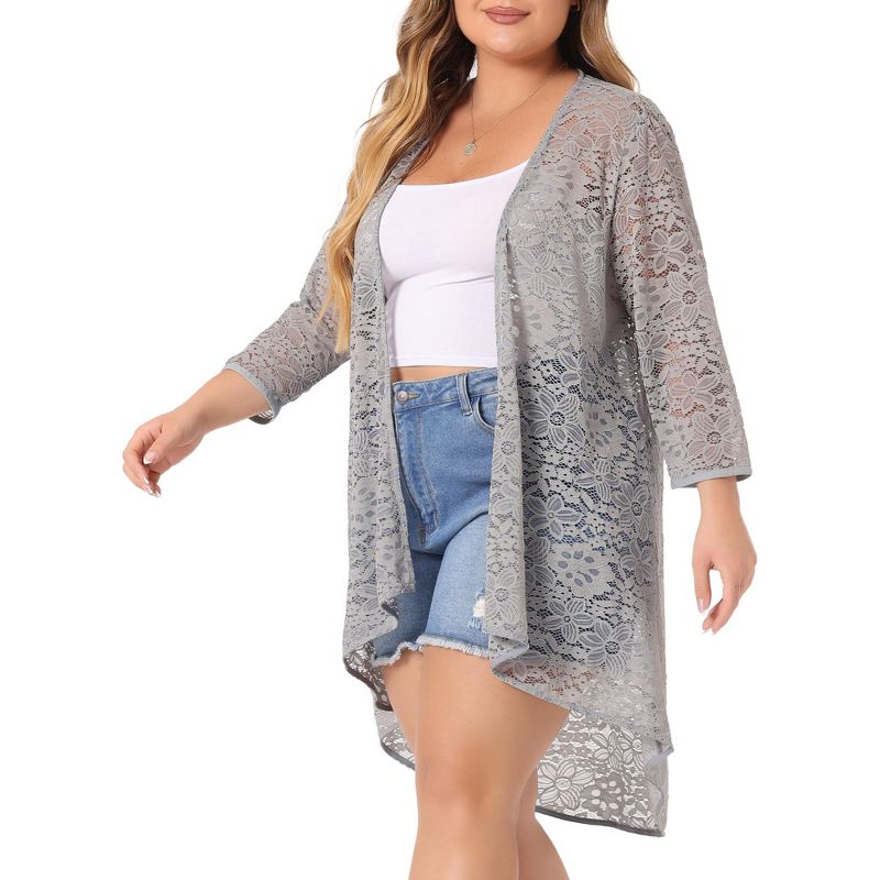 Agnes Orinda Women's Plus Size Lace Sheer High Low 3/4 Sleeve Open Front Cardigans, 2 of 6