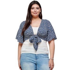 Slickblue Ditsy Floral Plus Size Bolero, V-Neck Cropped Cardigan with Tie, Black/Denim, 1XL-3XL - 1 of 4