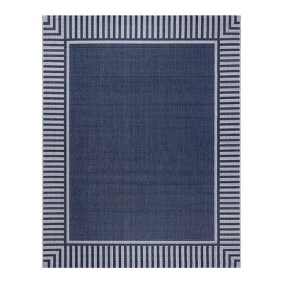 Navy and Gray Striped Polypropylene Indoor Outdoor Area Rug 9x13