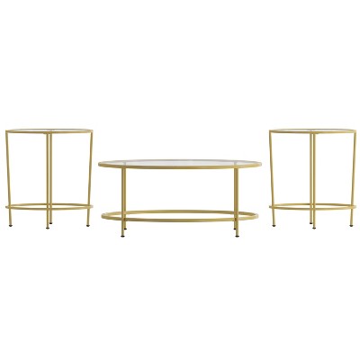 Merrick Lane Round Glass Coffee Table Set - 3 Piece Glass Table Set with Metal and Vertical Legs