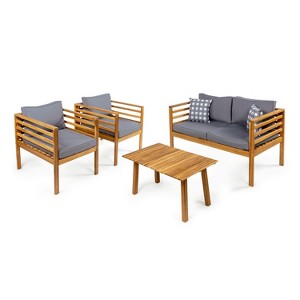 Thom 4-Piece Mid-Century Modern Acacia Wood Outdoor Patio Set with Cushions and Plaid Decorative Pillows - JONATHAN Y - 1 of 4