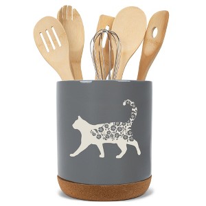 Elanze Designs Floral Cat Flowers Arrangement Kitten Ceramic Cork Bottom Gray Large Capacity Utensil Holder Crock for Countertop Storage, Stylish & - 1 of 4