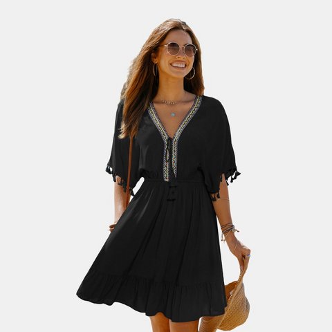Женские платья Cupshe Women's Boho Chic Beach Dress with Embroidered Details-S-Black