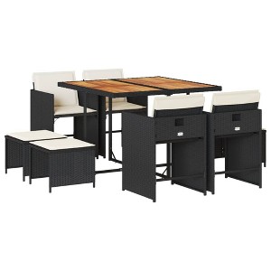 vidaXL Patio Dining Set with Cushions - 9 Piece Black and Cream Poly Rattan Garden Furniture with Acacia Wood Top - 1 of 4