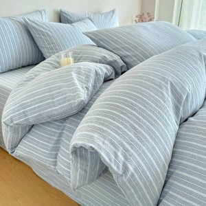 Blue Stripes Duvet Cover Set, Queen, 100 Washed Cotton, Ultra Soft, Breathable, Zipper Closure, Streak Pillowcases - 1 of 4