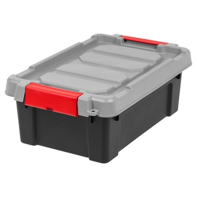 black plastic storage bins