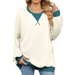 Women's Color Block Pullover Hoodie Oversized Round Neck Long Sleeve Cropped Sweatshirt Casual Streetwear Top - 1 of 3
