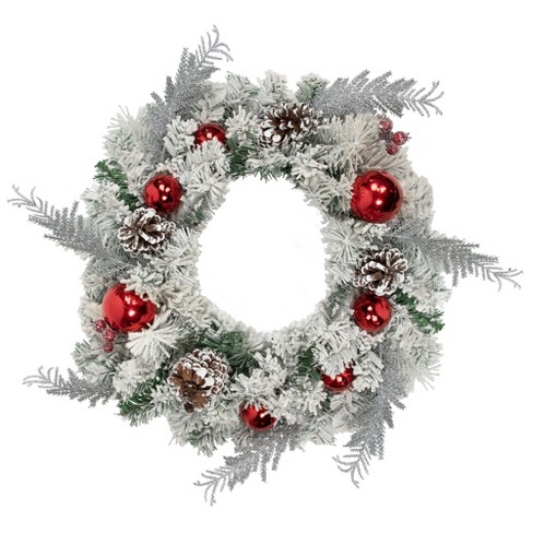 Northlight Flocked Pine With Red Ornaments Artificial Christmas Wreath ...