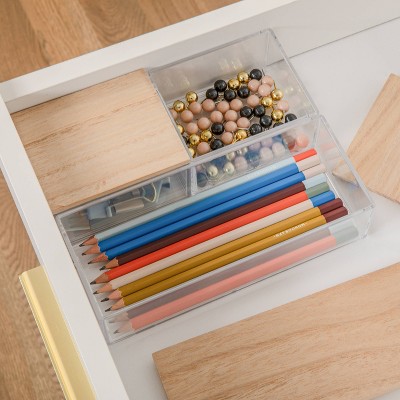 Clear Stackable Plastic Organizer Bins with Light Wood Lids, Set of 3