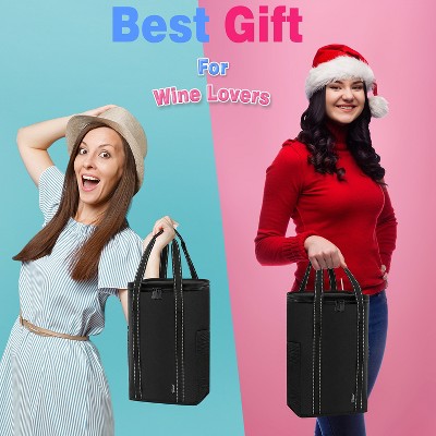 Black Insulated 4 Bottle Wine Carry Cooler Tote Bag with Removable Divider