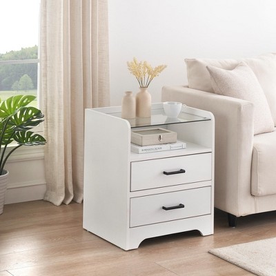 LED Nightstand with Led Lights and Glass Top, Night Stand with 2 Drawers and Open Storage