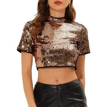 Tregren Women's Glitter Fitted T-Shirt, Short Sleeve Bodycon Shiny Top Sexy  Silver Club Crop Tees 