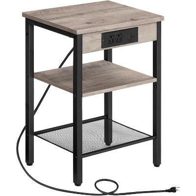Small side table with charging station and USB port, three-layer bedside table with adjustable shelf