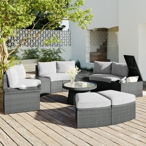 10 PCS Patio PE Rattan Half Round Conversation Set, Outdoor All-weather Wicker Sectional Sofa Set, Light Gray-ModernLuxe - 1 of 4