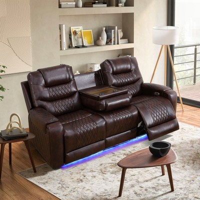 MAYEERTY Power Reclining Sofa, Electric 3-Seat Leather Recliner with USB Charging, Reversible Table & LED for Living Room, Brown