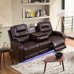 MAYEERTY Power Reclining Sofa, Electric 3-Seat Leather Recliner with USB Charging, Reversible Table & LED for Living Room, Brown - 1 of 4