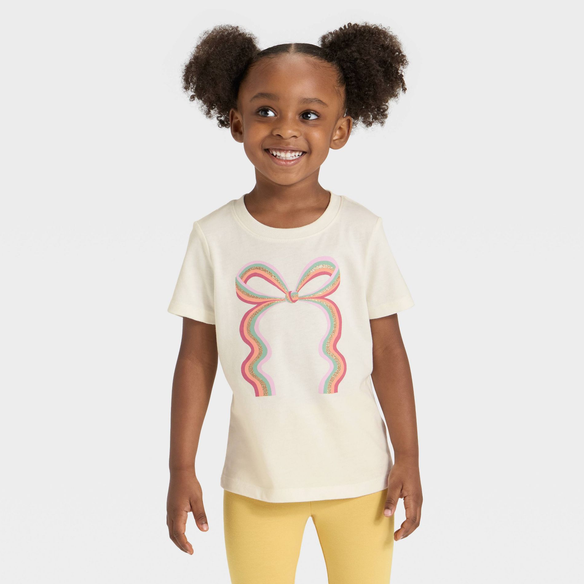 Toddler Girls' Short Sleeve Rainbow Bow Graphic T-Shirt - Cat & Jack™ Cream 4T