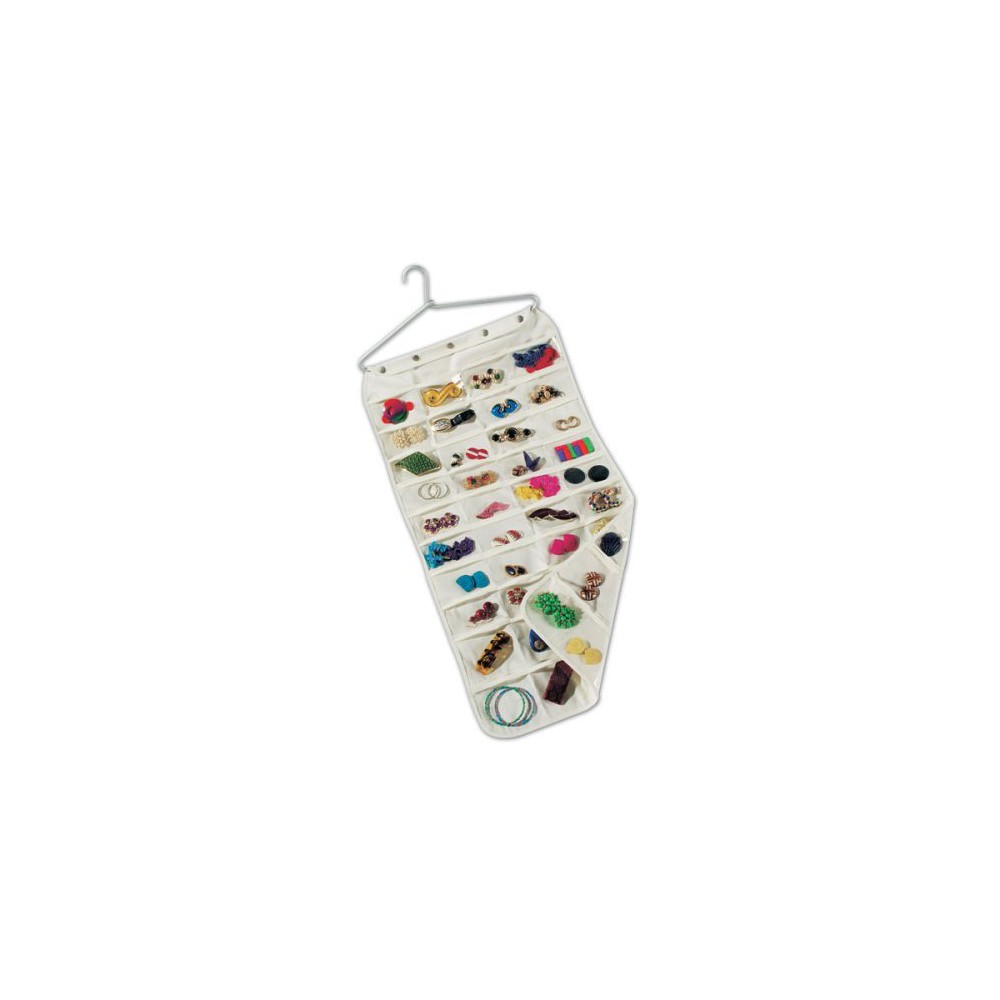 Household Essentials 80 Pockets Jewelry Organizer: Hanging Zippered Storage, Over-The-Door, Metal & Cotton, Beige