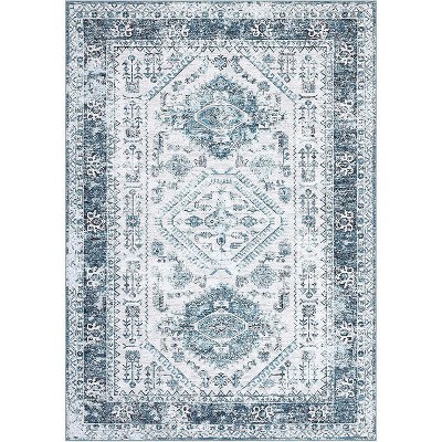 Vintage Oriental Low-Pile Rug | Non-Slip, Washable & Non-Shedding Retro Medallion Carpet for Living Room, Bedroom