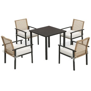 5 Pieces Outdoor Dining Set for 4, Wicker Rattan Patio Furniture Set, Patio Table and Chairs Set with Cushions, Square Metal Table Top - 1 of 4