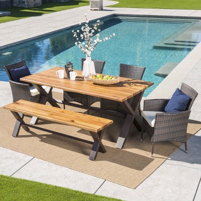 Ozark 6pc Acacia Wood/Wicker Patio Dining Set - Brown - Christopher Knight Home