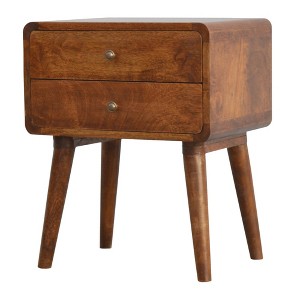 Vynxaria Nordic-Style 2-Drawer Nightstand - Solid Mango Wood, Chestnut/Brown Finish, Curved Design, Shiny Knobs, Bedroom/Living Room Furniture - 1 of 4